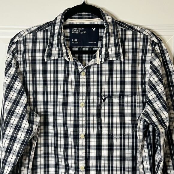 American Eagle Mens Shirt Size Large Vintage Fit Blue Plaid Button Down Logo - Picture 7 of 9